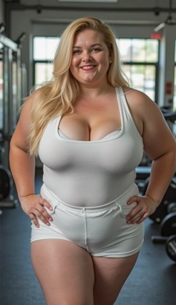 moda gorda, a beautiful velho lady, 70 years velho, (maduro), curvy body, vestindo uma roupa de fitness, Shorts de lycra, Realista, Gordinho, intricado, hyper Realista, 8K, intricadoly detailed, cinematic, stunning Realista photography, rosto perfeitamente detalhado, altamente detalhado, vibrante, pele natural, Textura de pele real, octane rendering, cabelo longo branco, cara feliz, It is, neckless, pulseiras, decote, linda coxa, Seios enormes:0.8, (malhando na academia), Gordinho, (treinamento), pele molhada, velho, Gordinho