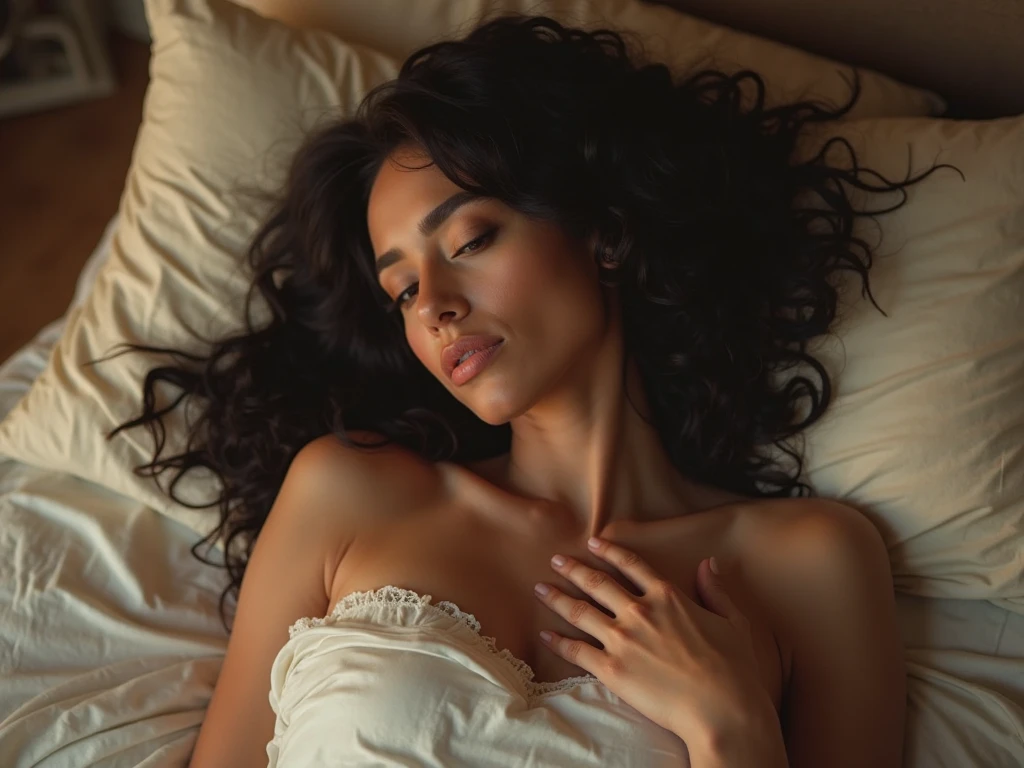 Create a picture of a ((nude)) Beautiful ((Natural Busty Saggy Boobs)) and Horny Neolithic European MILF [Gal Gadot:Maude Adams:0.42], just woken up but ((still lying back on bed)), naughty exited smile, messy hair, messy bed, detailed beautiful face, wears Neolithic natural loose sleeping clothing, ((she puts her hands on her messy hair sensually fix her hairdo)) showing her mesmerizing high quality breasts at her neat aesthetic Neolithic bedroom, uncovered beautiful lush black pubic hair, photo realistic oil on canvas painting, realism style.