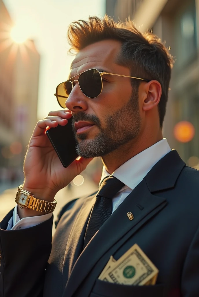 Photo 1 :  jeune homme d’affaires de la trentaine,noirs,big of you, habille en khimri , qui est entrain de parlé au téléphone et il porte des lunettes très noir fumer Qui regarde la gauche 