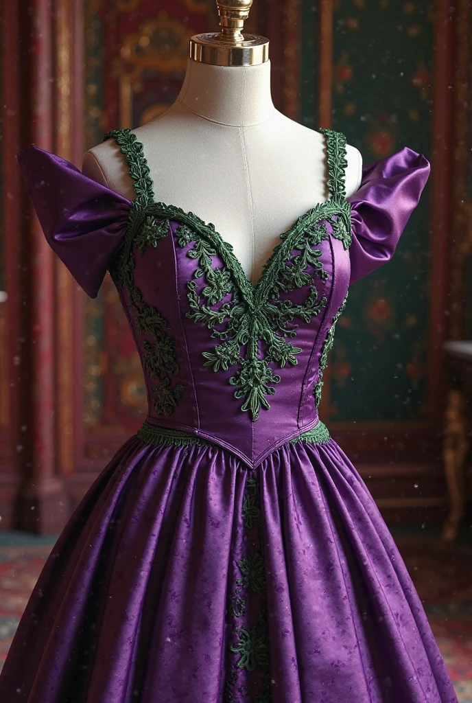 You could create a Victorian ball gown, with purple and green colors, where the purple stands out more, that the dress reflects character but also a lot of femininity 