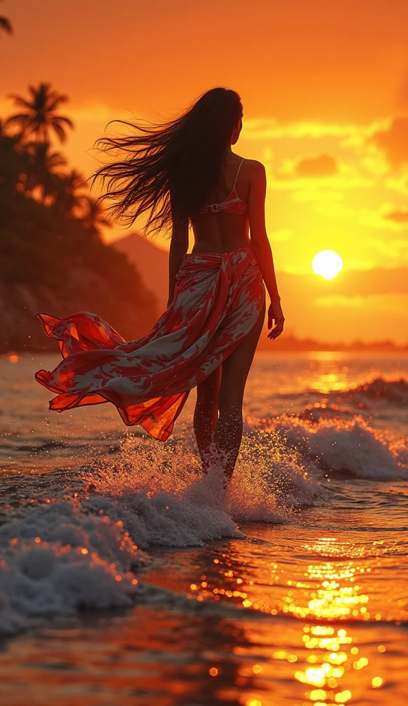 A Brazilian woman on a beach with the sunset in the background 