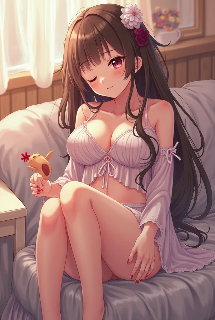 , tt_flat, milking machine, topless, topless, topless, Small breasts, Small breasts, Small breasts, amanogawaki, yellow hairband, , long sleeves, bowtie, white skirt, blue thighhighs, mary janes, Half-taken off school swimsuit, Nipples are visible through the bra, Nipples are visible through the bra, Nipples are visible through the bra, Large nipples, high quality, high detail, beautiful, high resolution, 8K, Super detailed, Anime-like,