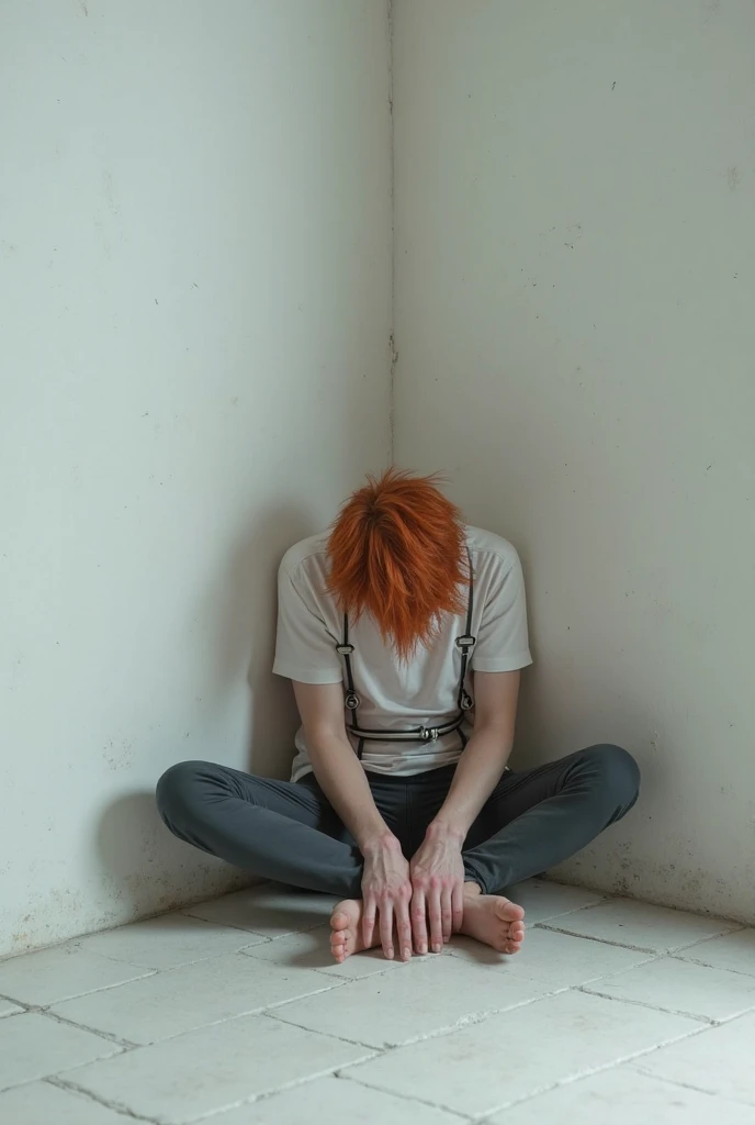 A photorealistic picture of kneeling curly redhead teen. We only see the butt part with hands behind in handcuffs
