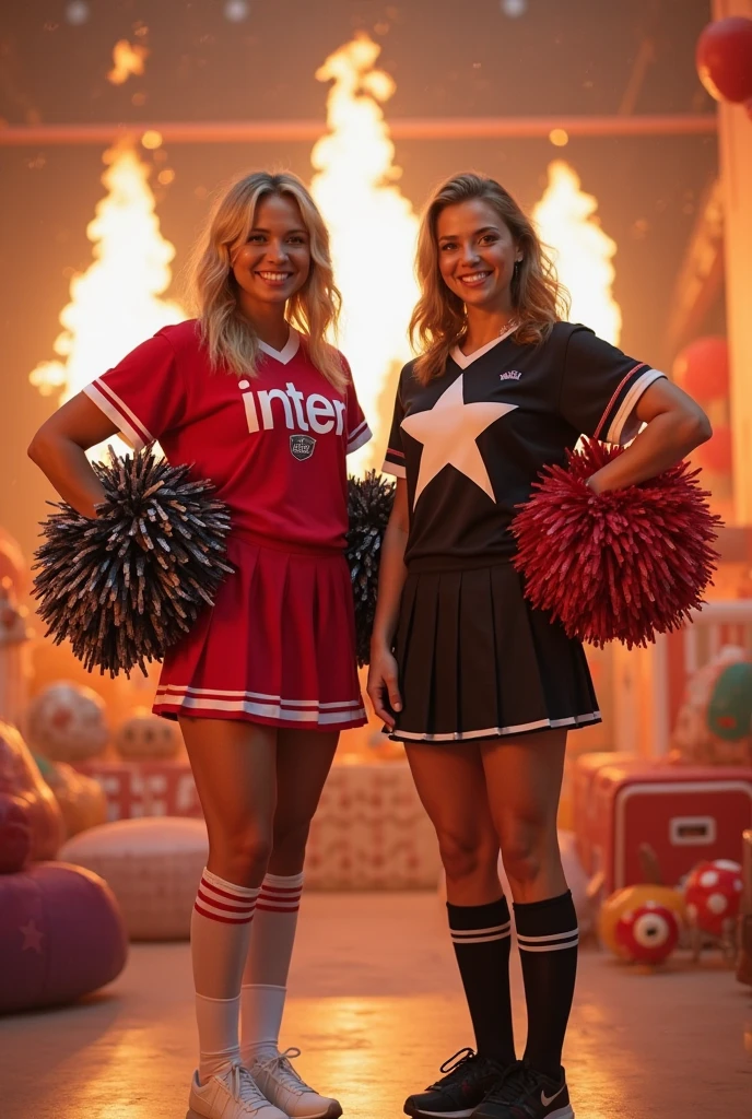 a sexy cheerleader squad at a futuristic sci-fi camp, wearing high-tech uniforms with neon lights, perfect detailed faces, perfect detailed hands, large breasts, vibrant colors, 8k, photo realistic, cinematic lighting, intricate details, dynamic poses, advanced technology, glowing neon, dramatic sci-fi background