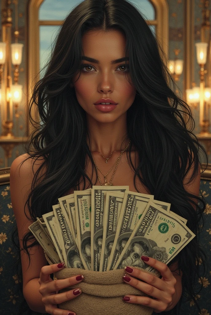 Beautiful woman with red lips black hair wearing a gold rosary necklace with a low neckline covering her eyes with a 100 dollar bill 