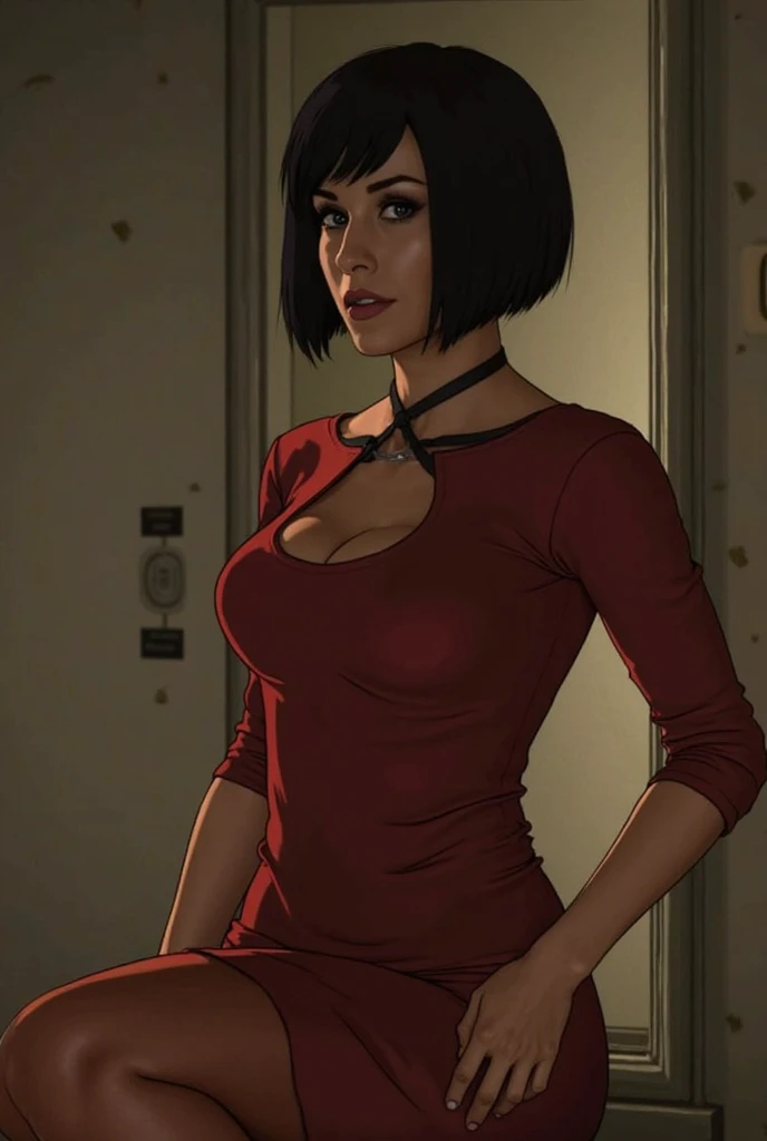 ((((masterpiece, best quality)))), ((29 year old)), (((Curvy))), ((((Latina with brown mohawk and bangs))), tugging with her (((white tanktop))), in (((white bikini panties))), (((Large Hips))), ((standing in a cluttered bedroom)), ((reflection in mirror behind her)), (((comic book art style)))