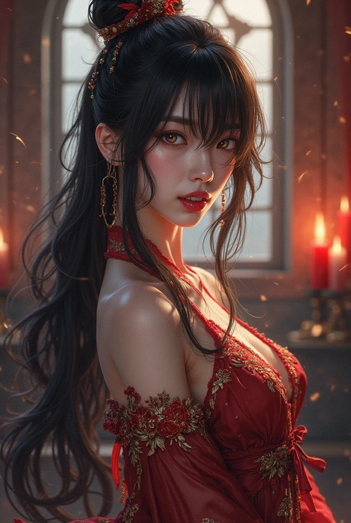 1 beautiful ozbek princess, long wavy black hair, tightly red sharara, oily skin, white skin, visible sweaty armpits, large breasts, detailed facial features, photo-realistic, intricate details, ultra-detailed, 8k, highly realistic, cinematic lighting, dramatic colors, moody atmosphere, masterpiece