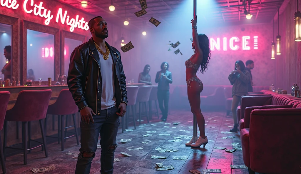 Kanye West with friends sitting on a sofa, four girls in skimpy dresses lying on the floor surrounded by cash, skyline at dusk, luxurious party, elite club, The sky is a mesmerizing shade of purple, with hints of orange peeking through, The girls' dresses are translucent, revealing their flawless bodies and curves, feminine face, rendered with incredible detail, On the floor designer handbag filled with cash, jewelry, champagne glasses are scattered surrounded by wads of cash, designer bags, purple tint, album cover art, futuristic, cinematic, photorealism, hyper realistic, highly detailed, kanye west, luxury