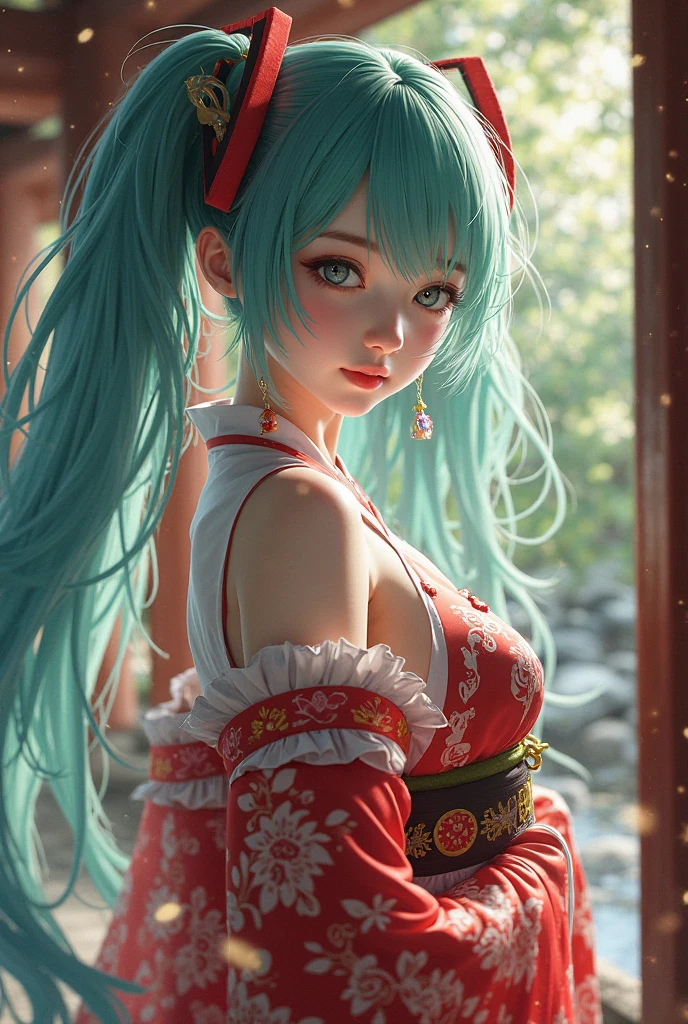 Anime High School Girl, Wear a sexy kimono, Short kimono, Bare arms, Bare back, Bare shoulder, Walking, Long hair, Light blue hair, look at viewr, Blue eyes