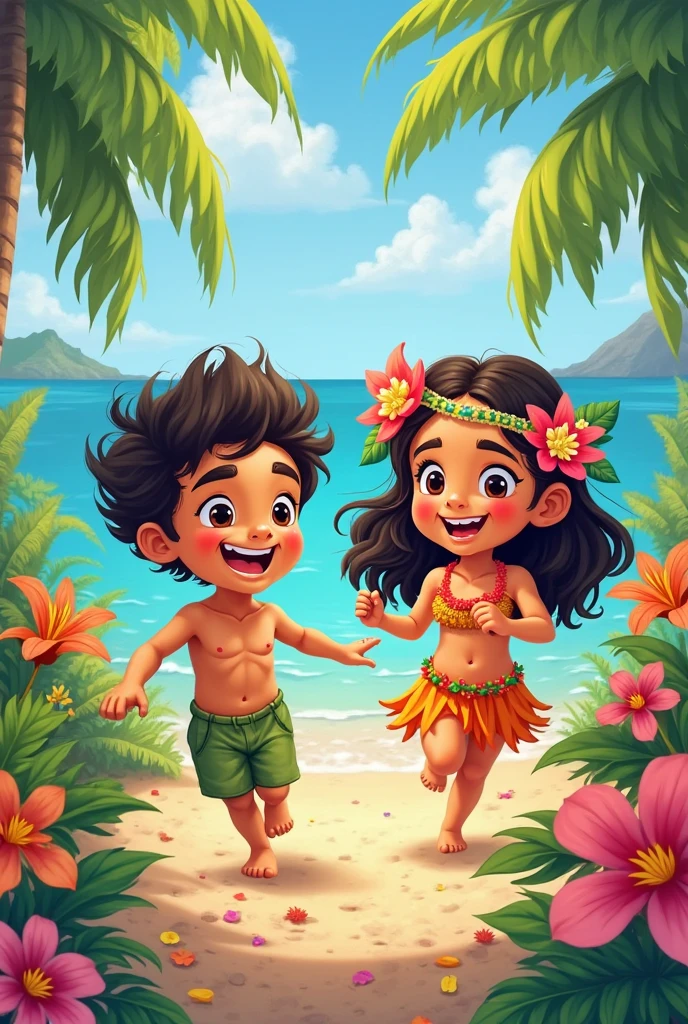 An image containing a dark-skinned male Disney character accompanied by a short Disney character with Peruvian features with a surfboard