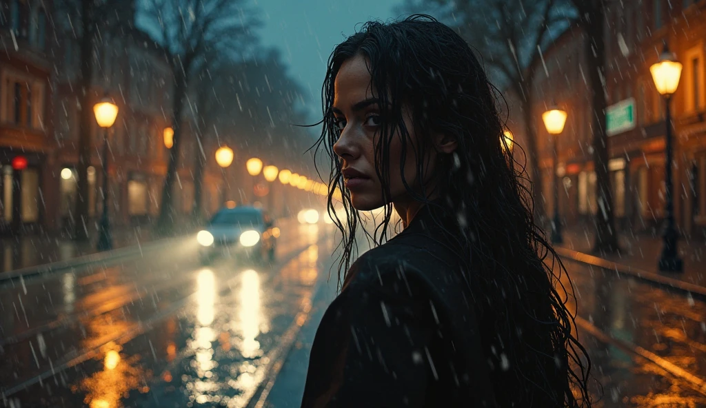 A photographic portrait closeup of a woman in the street, rain, puddles. Dusk. 8k. 4k. Bokeh. Lights.