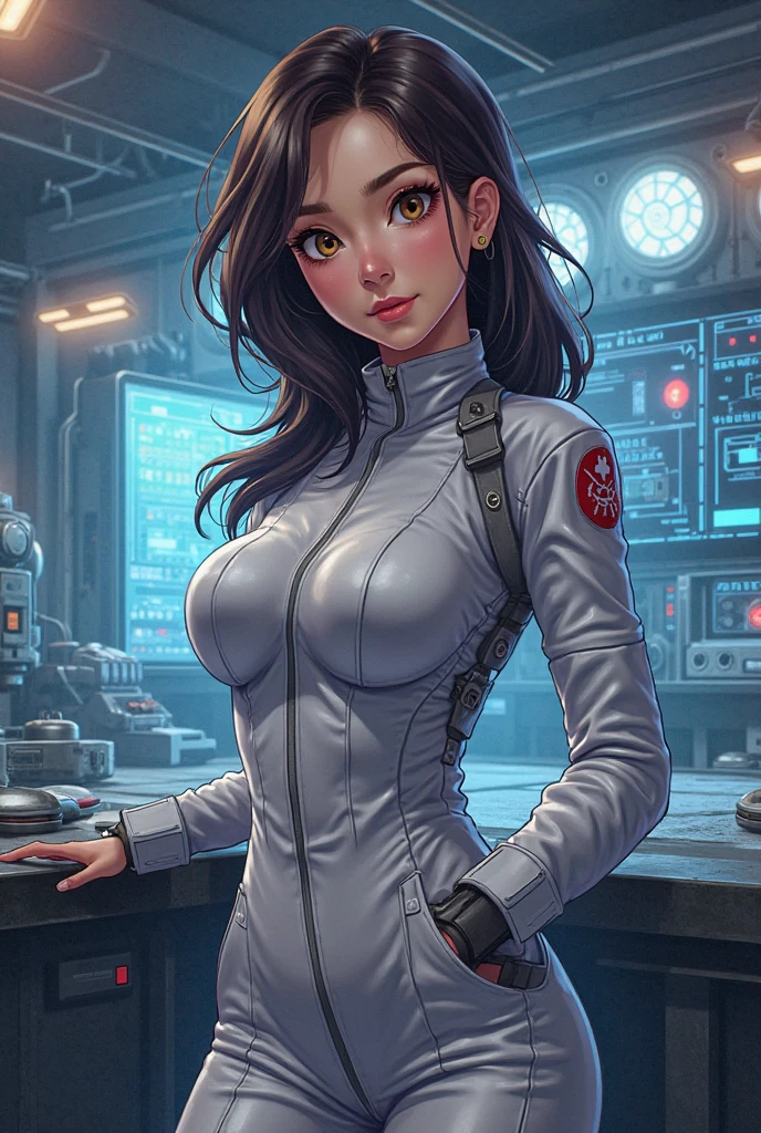 a beautiful Asian woman, A gorgeous female mechanic in an atompunk style, with a blank background, wearing an unzipped orange jumpsuit revealing cleavage, featuring a mechanical hand and cybernetic augments, in a retro-futuristic setting with gunmetal grey tones,