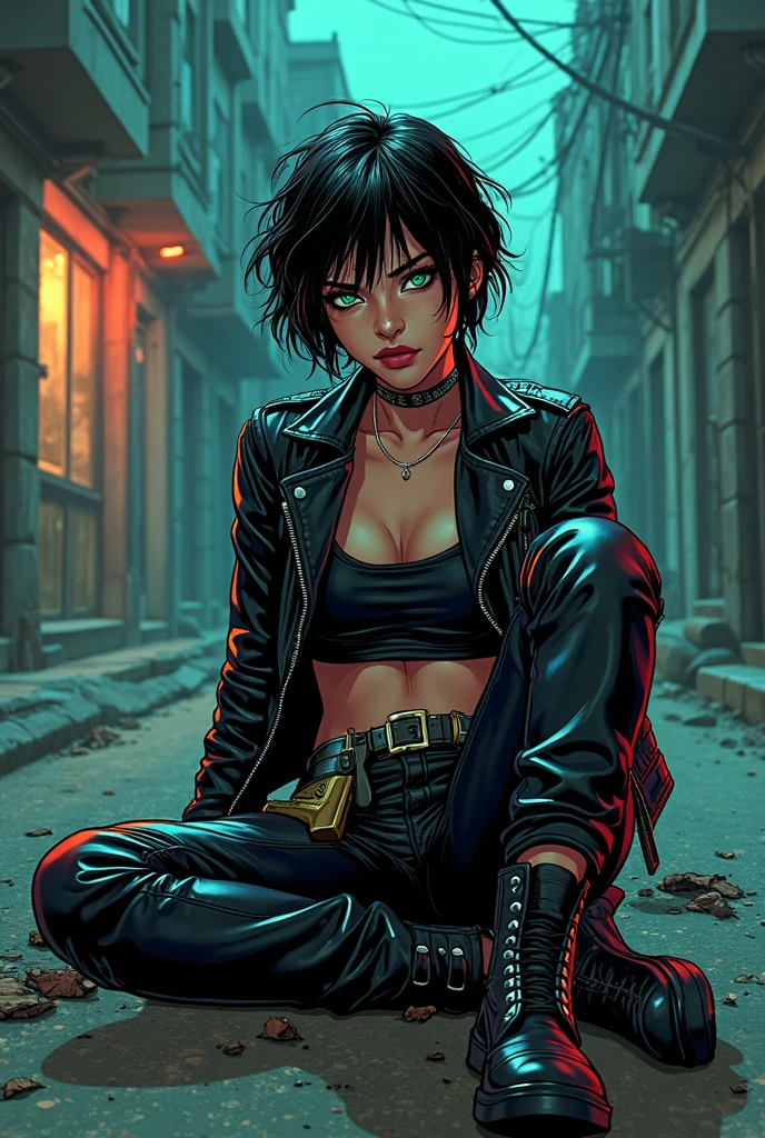 1 girl, pale skin, pixie short black hair with bangs , blue eyes, full red lips, big breasts, leather jacket, tight leather jeans, tight black t-shirt., an ultrafine detailed painting, gothic art,