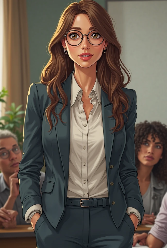 A cute woman (age 40, perm in hair, formal jacket, mini skirt, high heels, little make up, cleavage small but over exposed, folder, cell phone) is questioning a witness in a court room