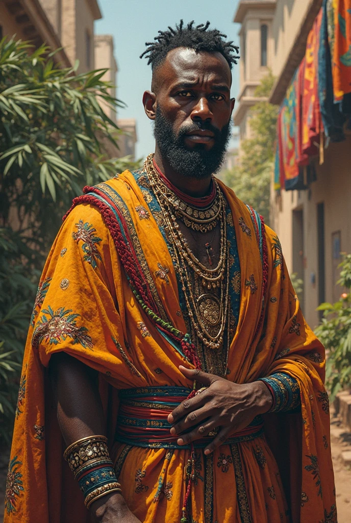 Oxaguian. Warrior Black man, black eyes, African, afro hair, mature, adult, beautiful, upper body, natural skin texture, 24mm, 4k textures, white turban, (white clothing with light blue details), blue and white beaded necklace, african sword, soft cinematic light, RAW photo, photorealism, photorealistic, intricate, elegant, highly detailed, sharp focus, (((((cinematic look)))), soft tones, insane details, Intricate detail, hyperdetailed, low contrast, soft cinematic light, dark colors, exposure mix, HDR, faded
