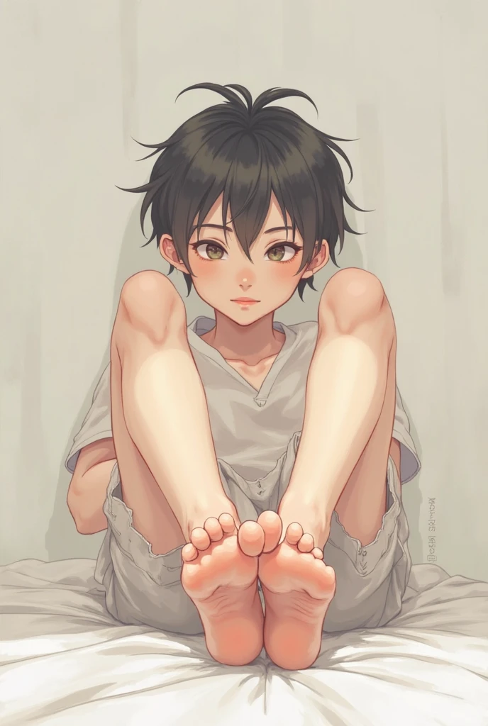One Boy、a high school boy、16 year old cool boy、((Show the soles of your feet)),bare-legged、Bend your legs、Lying face down on the bed、inside in room、soccer wear、Full body reflection、Toes pointing upwards、2 legs、5 toes、Short hair、Tun-tsun hair