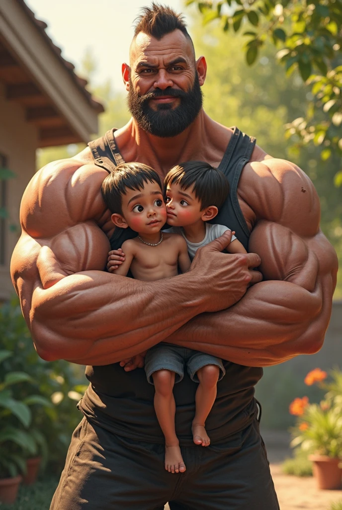 there is a young, hairy, bearded Puerto Rican man standing on a scale, ernest khalimov body, tall faces, athletic and beautiful, tall and muscular, incredibly strong and tall, Model posing, Mr. Universe, the perfect human male specimen, slightly muscular, Sébastien Chabal, quadris insanamente inflados, fairly muscular, absurdly muscular physique, absurdly huge physique, rubbery-looking body, Bulge, bulge. Two boys watching.