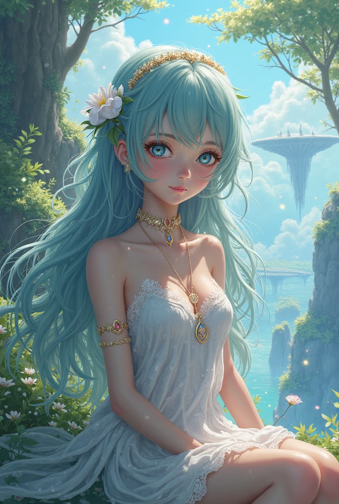 "((Ethereal)) depiction of an alien girl harmonizing with the clouds, vibrant splashes of color creating a symphony in the sky, flowers adding a touch of grace to this fantastical and dreamlike composition"