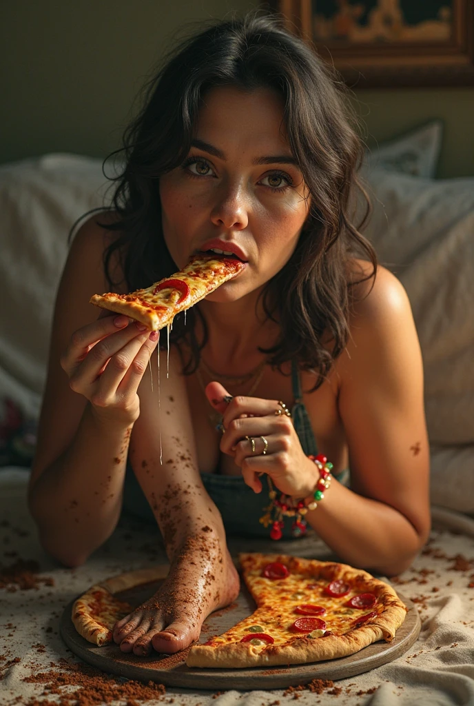 A chubby woman lying on the bed face down with her legs raised showing the soles of her feet eating pizza