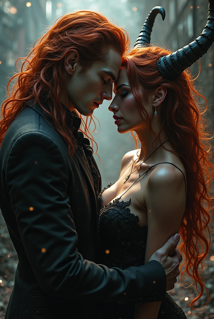 long orange hair,white skin,yellow eyes,black dress human Women.And male handsome Jinn with gray skin,black hair,green eyes,turban and robe,muscular