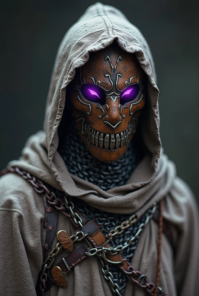 Medieval knight, with dark skin holding a skull helmet made of bones and metal