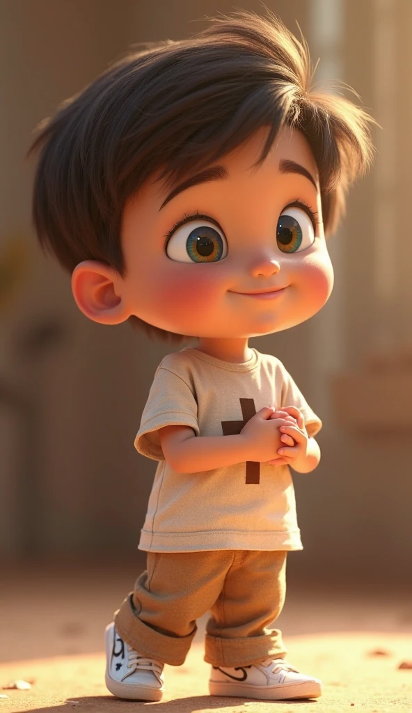 Create a Pixar-style 3D character of an  boy bishop. He has dark brown hair, short and slightly messy.  Her eyes are large , expressivos, blue-green , with a glimmer of faith. He wears a cotton t-shirt Clear with soft cross print, comfortable light brown twill pants and clean white sneakers. A small, symbolic ring on the index finger of his right hand.Close-up on the Bishop's face. He has his hands on his , eyes looking up slightly, decisive and inspiring expression. Soft golden light on the background. Eye sparkle detail. Blurred background to emphasize the emotion.