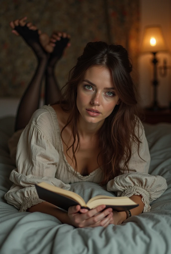 Beautiful woman in castle laying on her stomach in bed reading a book , hyper detailed face, full figure , brown hair , wearing sundress, she has a curious , puzzled expression