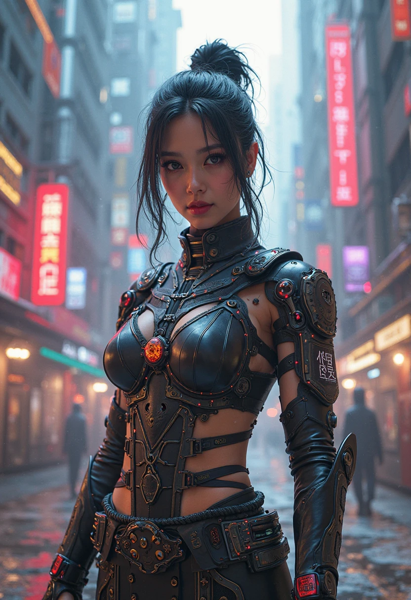 Mulher cyberpunk saindo de uma nave espacial, no deformations , rosto perfeito
