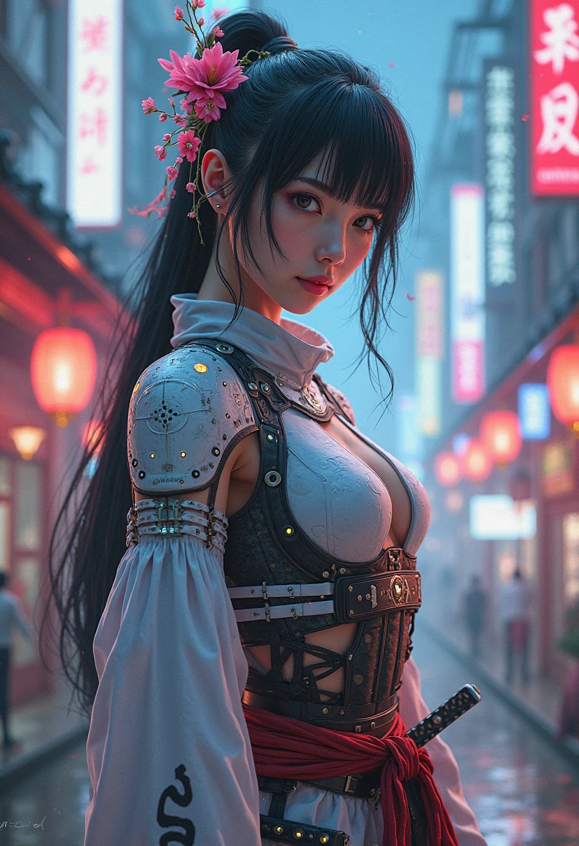 ((((topless)))), portrait of a slightly rusty japanese robotic geisha with wires and actuators, wearing silk red kimono offshoulder, cleavage, porcelain white face, dramatic lighting, hyper - realistic, ultra - realistic, intricate details, 8 k ultra high definition, octane render, Oiran, geisha, mecha, robot, Divine and gorgeously decorated oiran, make up, thick make up, she is a very elegant and beautiful 18 year old girl. Her face is gorgeously decorated, Ghost in the Shell, cyborg body, mechanical body, metal, mechanical limbs, tubes connected to the mechanical parts, (((masterpiece))), ((best quality)), (ultra-detailed), (CG illustration), (an extremely devious and beautiful)), cinematic light, ((1 mechanical girl)), single, (machine-made joints: 1.4), ((mechanical limblood vessels attached to the tube), ((mechanical spine attached to the back)), ((mechanical cervical vertebrae attached to the neck), ((back to the viewer)), expressionless, (wires and cables attached to the head and body: 1.5), science fiction, apocalypse, ruins, sexy, seductive, smile, big breasts, (smile)