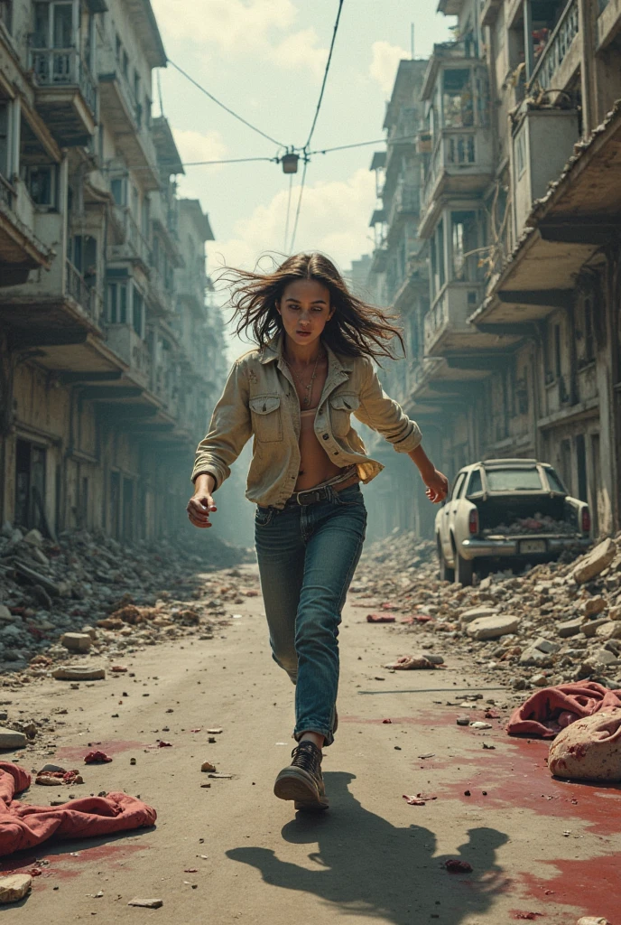 A low-angle, full-length shot of a beautiful woman in sexy clothing running away from zombies on a post-apocalyptic urban street, with rubble and ruins scattered about, a tense and fearful expression on her face, illuminated by the bright glow of flickering street lights in twilight, shot with Sony A7S III, 50mm f/1.4 lens, high contrast with desaturated tones