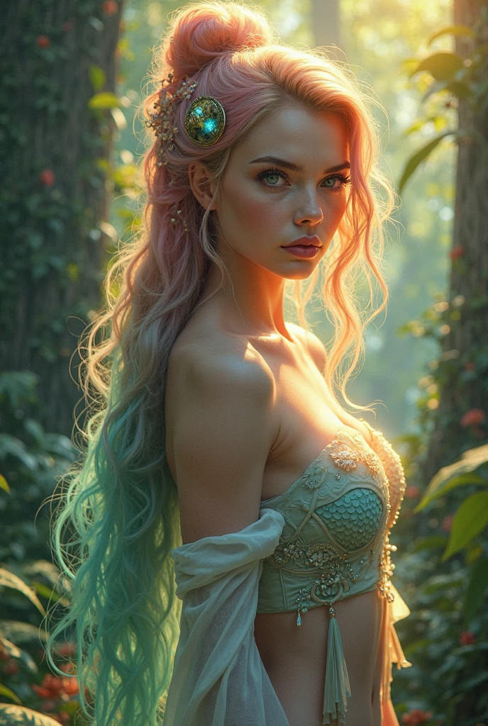A young and very sexy girl, her hair is pink and blue and her skin is white and delicate, her eyes are silver and under her skin a golden powder covers her entire body, She also has several magical runes tattooed on her., this girl is noble and is the daughter of a fairy, she enjoys adventuring and being a bard and loving music, she is always with her fancy bandolim in hand and her sword kept at her waist or back, she also enjoys wearing high heels, Your mandolin is very beautiful and has a butterfly design..