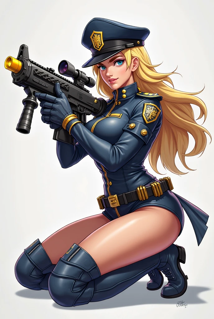 8K, 4k, highest quality, High resolution: 1.2), (masterful, realistic, Photoreal: 1.4), 1 woman,  Older sister's atmosphere、beautiful face, she has a bright smile、Shining Lipin Eyes, beholder, Fair skin, white skin: 1.5), Fine complexion, big, big,  blonde hair、headband bangs, ,  young, s asack-view、big ass、super breasts、H cup、lower hair、Rear view、exposed nipples、T-back that digs into your butt、wear a white thong、emphasize the buttocks、white collar thong、cute long hairstyle、wear high heel boots、A woman standing in front of a giant robot、There's a giant robot standing in the background、A female partner robot is next to you.、she's in the hangar、wearing an arm cover、I'm not wearing anything、Have an assault rifle、Hold an assault rifle