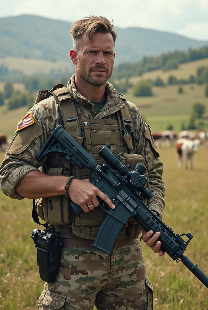 (Battlefield) photo of a (27 yo man)(professional soldier)(camouflage uniform)(defensive position)(smoke and explosions)(European setting)(late afternoon dusk lighting)(high angle) (style of [Apocalypse Now])  <lora:LCM15_lora:0.5>