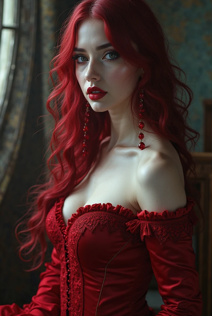 Pale skinned vampire girl with purple eyes and red hair wearing a revealing red dress