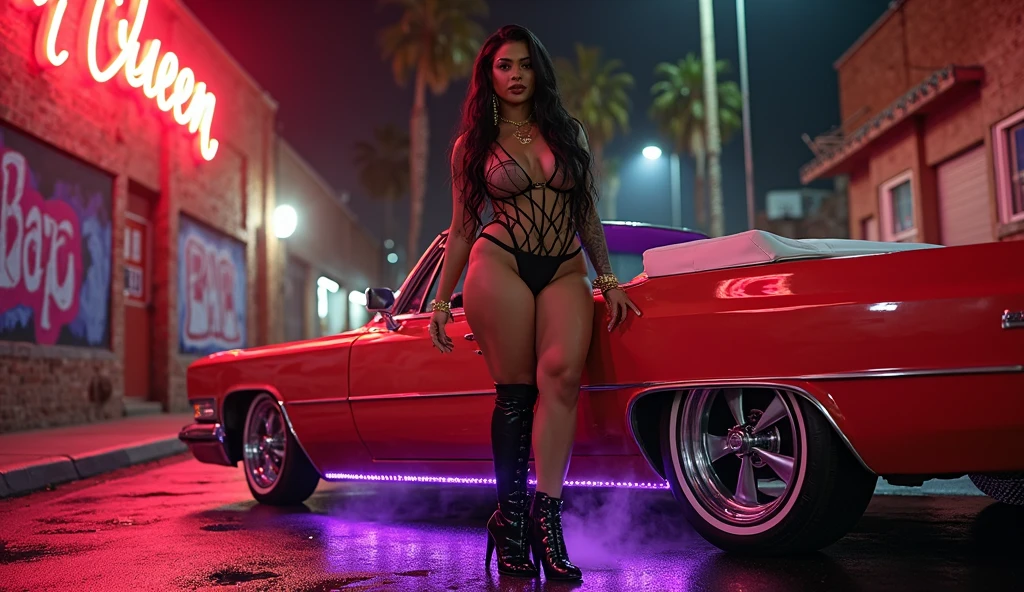 create an image demonstrating the style of ((Chicano Lowrider)) style, hyper realism, 8k high definition, vibrant colors, sharp focus, insanely detailed, enormous tits