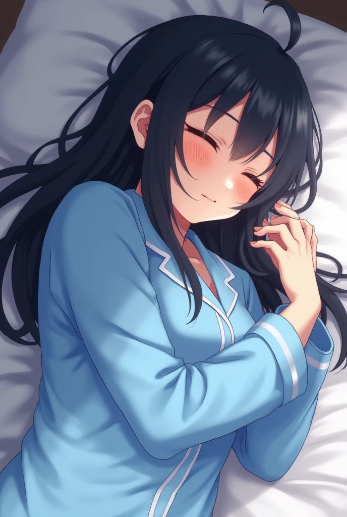 masterpiece, Best quality, High resolution, 1 girl, (girl lying face down on the bed: 1.6, face arched in front) school uniform, white shirt, big, seductive smile, blush, water dripping from neck, front-on, front-focused mouth, sweat, sensual smile