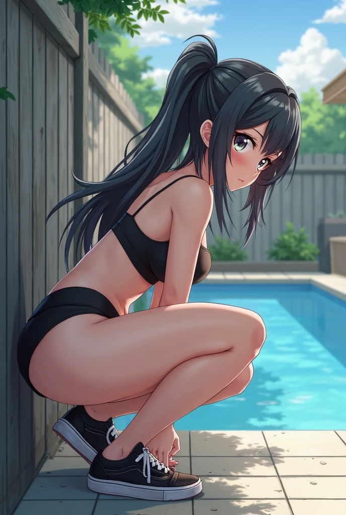 Girl, black hair, green eyes, tan skin, licking a penis-shaped lollipop, cute