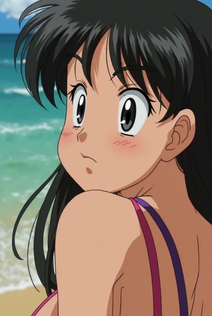 (RAW picture), 1girl, daidouji_tomoyo with black eyes, wearing (one-piece swimsuit), happy, at the beach, upper body, soft smile, summer
BREAK
very detailed, full of detail, blue sky, sun, cinematic lighting, sand, wind, sunset, orange lighting