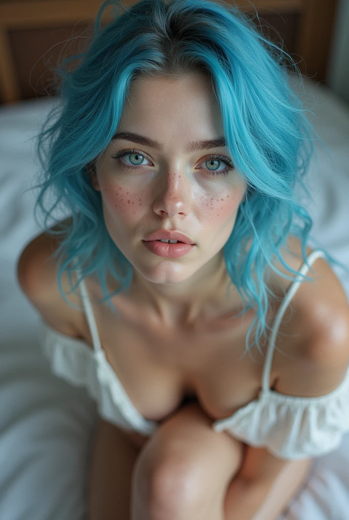 a young woman with blue hair lying on a bed, detailed facial features, beautiful detailed eyes, beautiful detailed lips, cute expression, blushing, barefoot, view from above