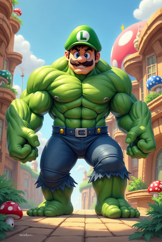 masterpiece, best quality, muscular Luigi from Mario, wearing in green, full body
