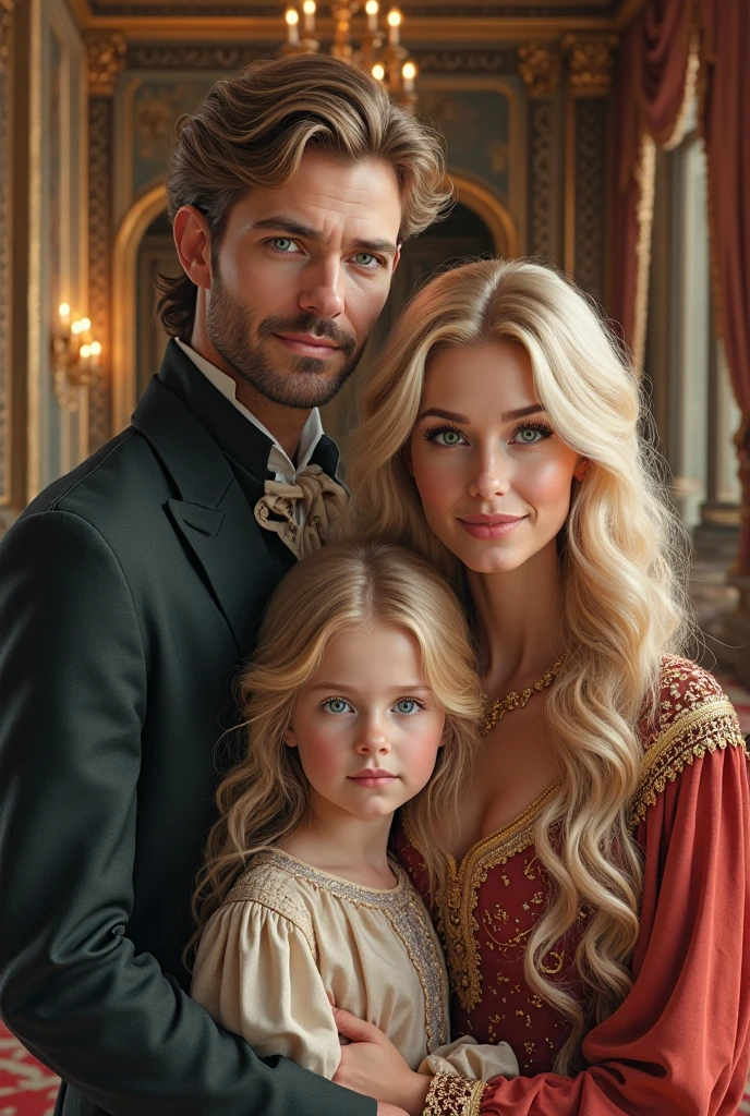 Family of 4. King is standing next to the queen. Her hair is medium long blonde, Her eyes are green, clear skin, high. The queen wears her all-white hair in an elegant bun. dressed in red and black like the king. Both of them avoid being over 30 years old.. In front of them is the princess, a 1 young woman, Her long white hair loose in waves, Amber eyes like the queen and the prince. He is , blond and has one green eye and one amber eye..