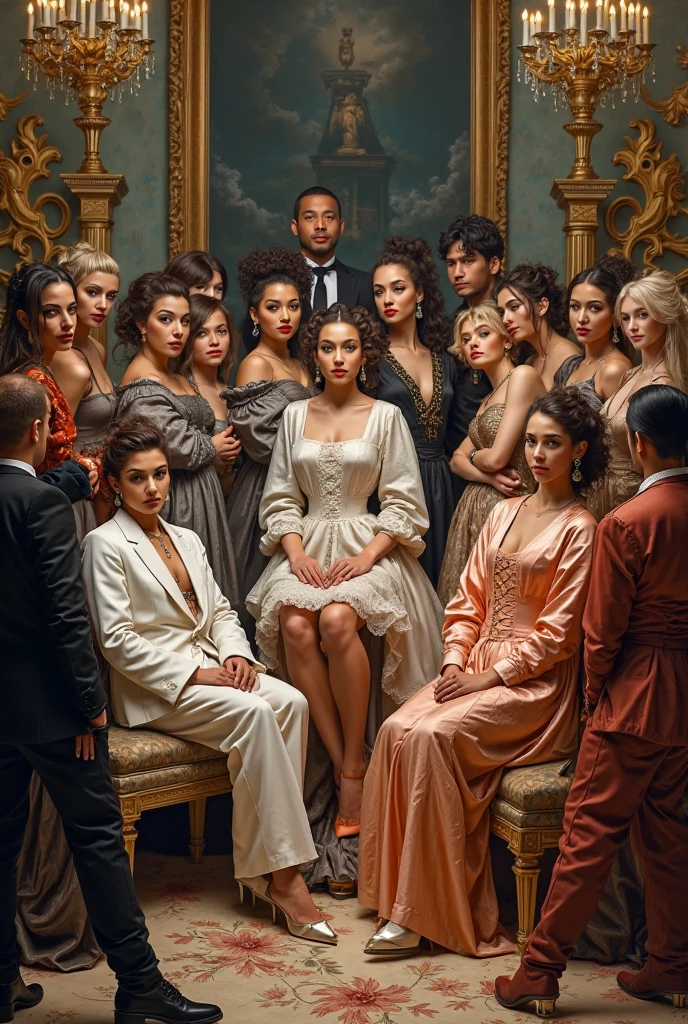 A handsome man white tall ,sits on the royal bench and a woman sits on the lap that boy in a horizontal position, 4 other handsome and tall and not older stand around the bench with each man standing There is a rope around the neck and the end of the rope is held by a woman sitting on a cloth 