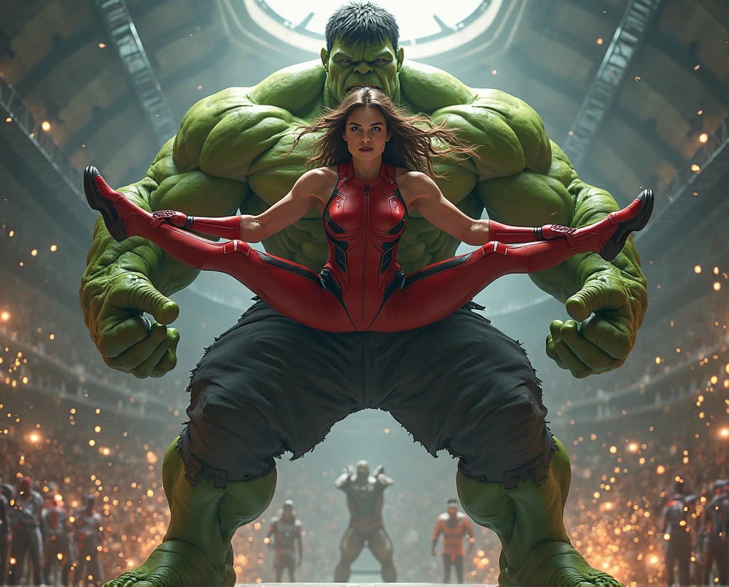  dressed in pink with brown hair and brown eyes fighting with Hulk. realistic, HdR. Angry looks