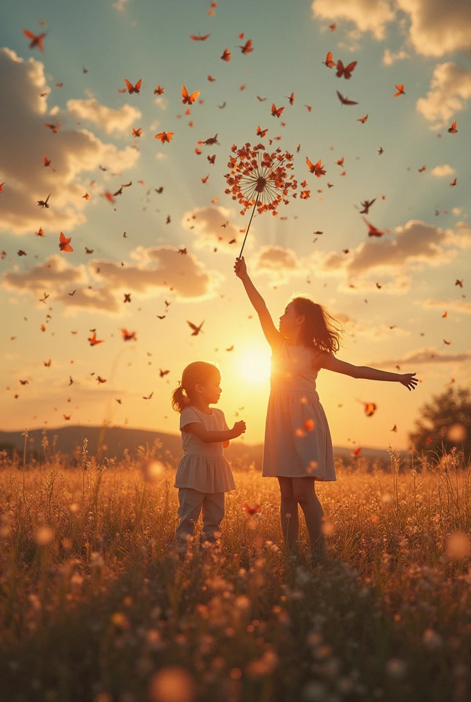 On a hill full of violet flowers, you can see the sunset, there are two barefoot children flying a kite