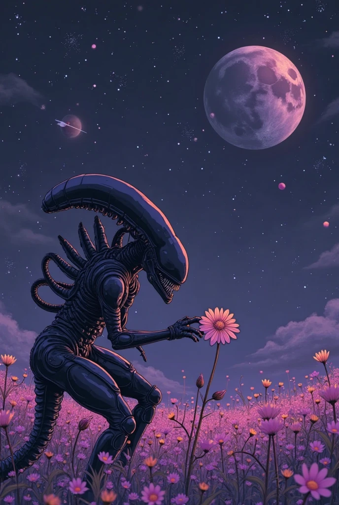purple flower in a field of dead grass with a skull in the background, black lotus, dark flower shaman, alien flower, lolth, waterlily mecha nymphaea, lotus, 🌺 cgsociety, obsidian pomegranade, aura of power. detailed, alien flora, purple glowing core in armor, flowercore, artistic depiction, bloom. high fantasy