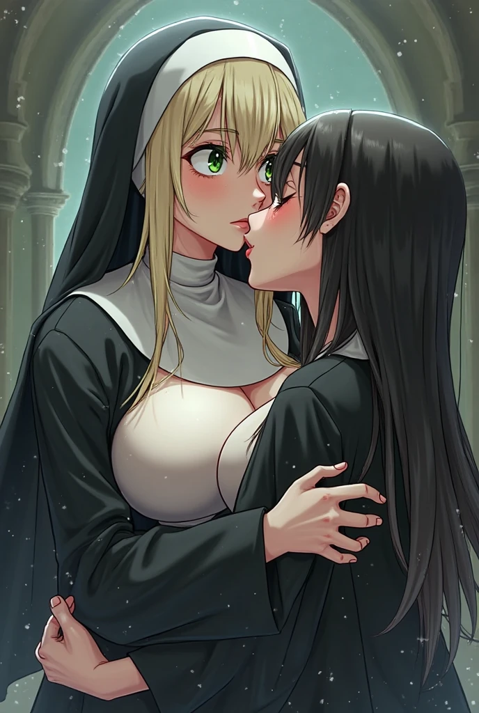 NSFW, masterpiece, (best quality: 1.2), long hair, blue eyes, green hair, worns, big breasts, evil_smile, sexy, ((NUN)), red lipstick, ((seducing a boy: 1.5)), fishnet stocking, cum shot, woman being groped by a boy