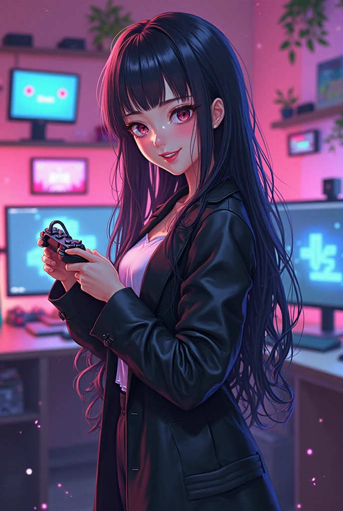 Generate an image of gaming girl wearing skirt and red top