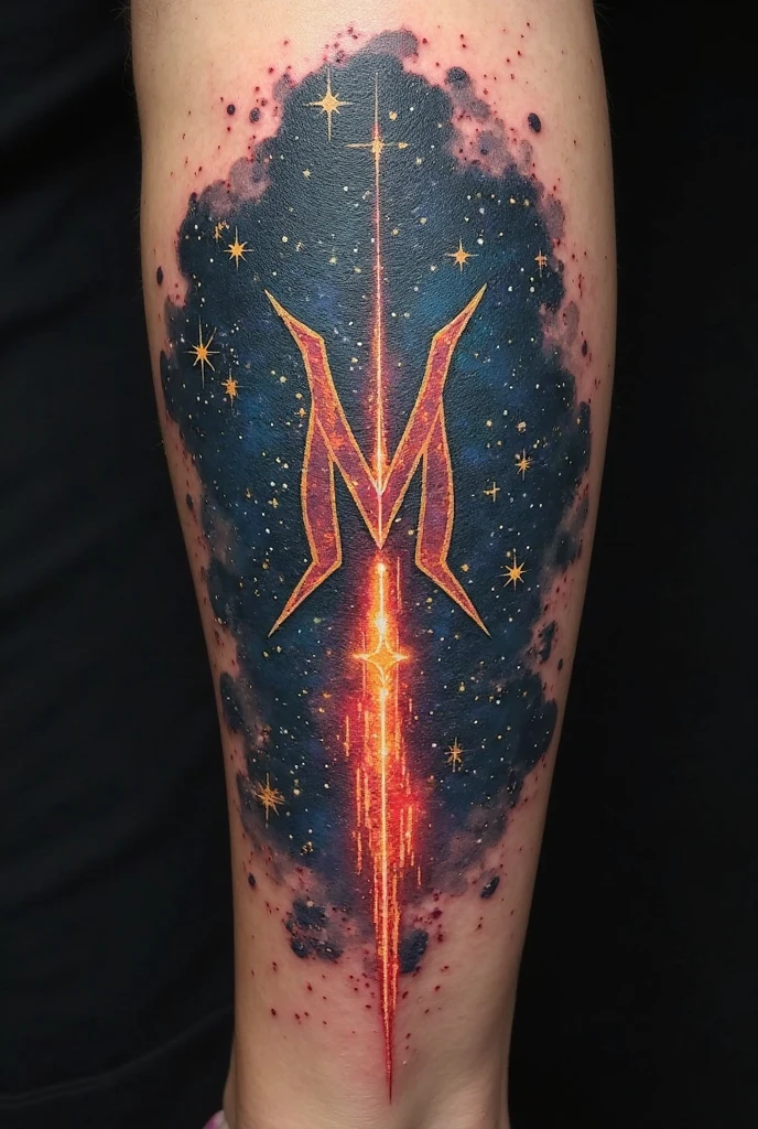 tattoo with a lightning bolt, symbol of music, and the phoenix star constellation