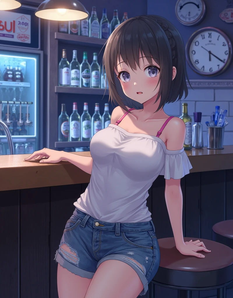 (), large- titsjob,(tmasterpiece), Best quality at best, The is very detailed, (aquarelle), full bloom, Delicate and beautiful, illustration, (From the bottom),(1个Giant Breast Girl:1.4), (独奏:1.2), Large breasts, (ribbed sweater:1.3), off-shoulder sweater, (shorter pants:1.2), exposed bare shoulders, (underbust), ((Dark skin:0.8)), pretty eyes, (ldisheveled hair ), photore, Over-the-shoulder lens, Alexei Maleev, professional, Canon camera, Nikon camera, Sharp, bokeh, Studio quality, fisheyelens, Robert Capa ,