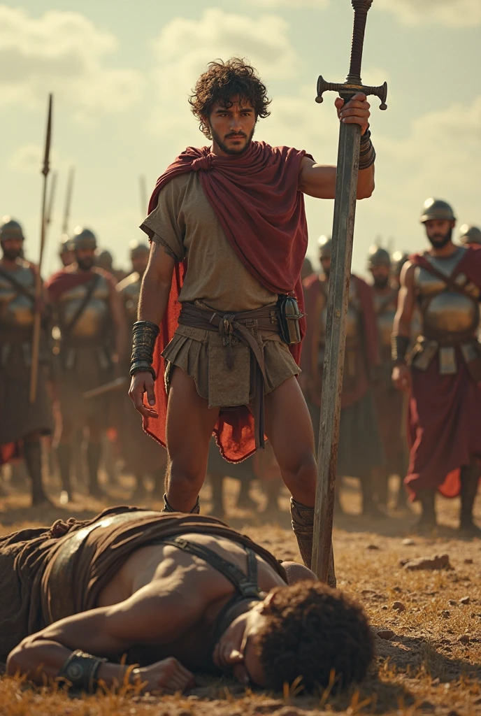 King David, adolescent, CUTTING OFF GOLIATH'S HEAD WITH A SWORD, fallen on the floor, red hair, SHEEP SHEPHERD'S CLOTHING, WITH A STONE AND A SLING IN HIS HANDS. 8K realistic picture.
